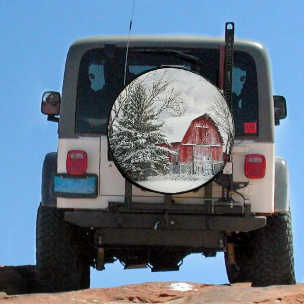 2 Spare tire Cover Rustic Red Barn  & 1 Opened Snowy Deer